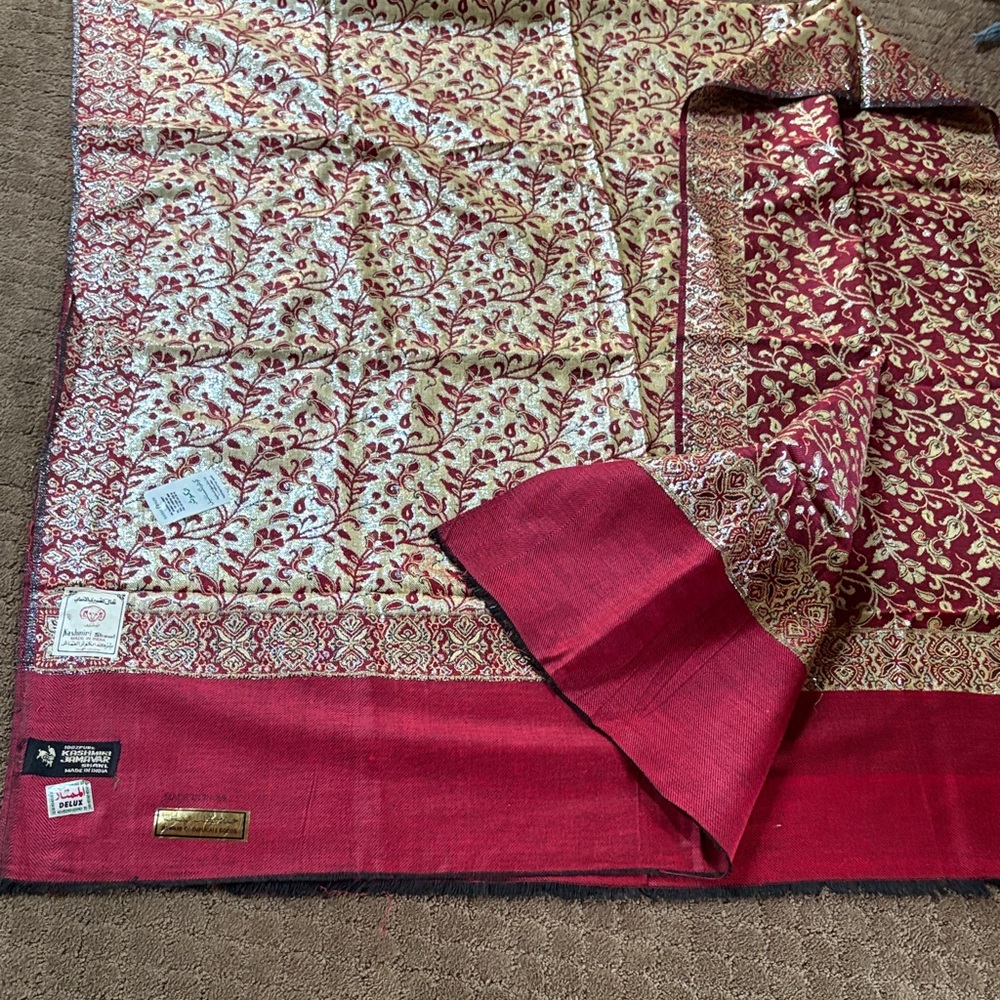 100% Pure Kashmiri Jamawar Shawl in Deep Red and Cream Accents